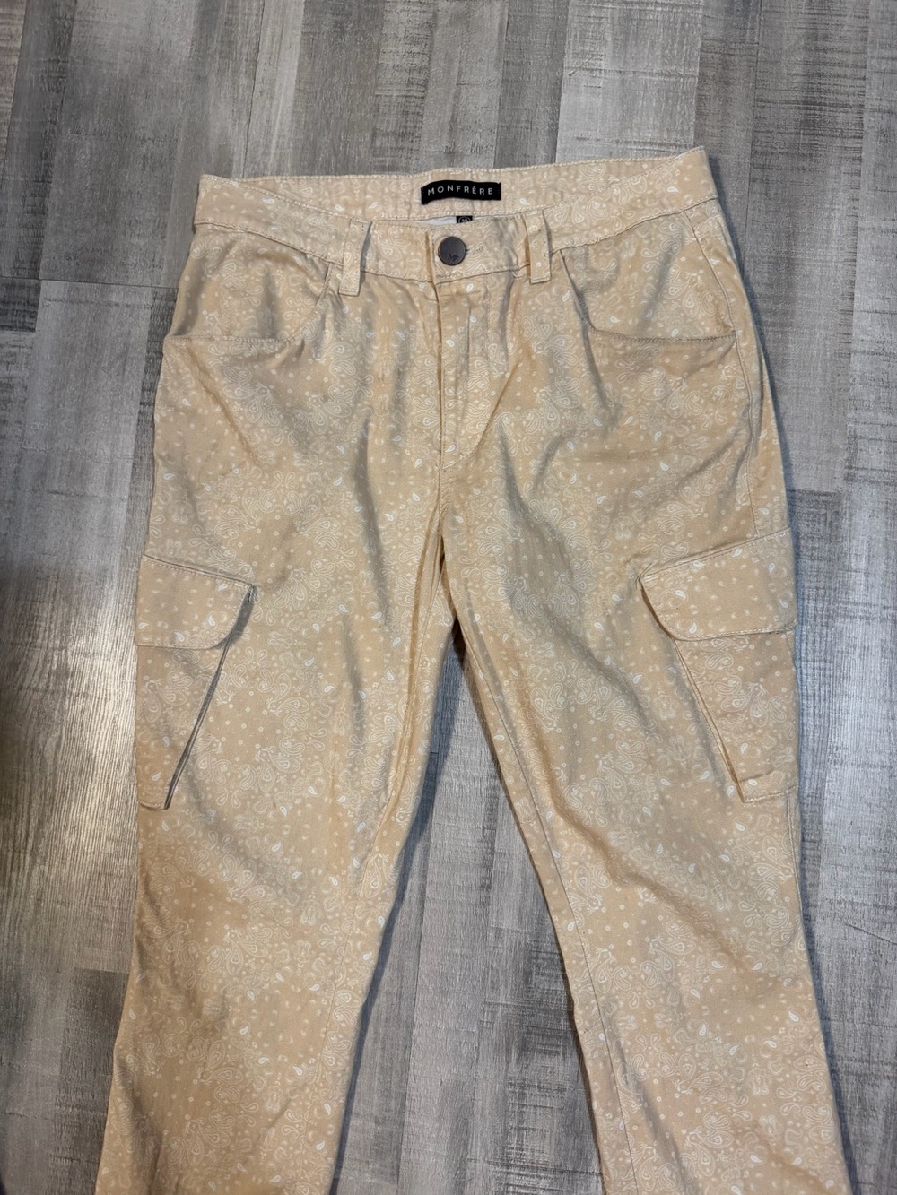 MONFRERE Preston Cargo Pants Mens 30x33 Beige Bandana Paisley Skinny Designer